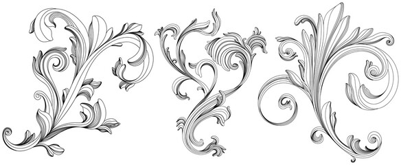 Hand drawn baroque decorative set.  Element filigree calligraphy for design collection. - obrazy, fototapety, plakaty
