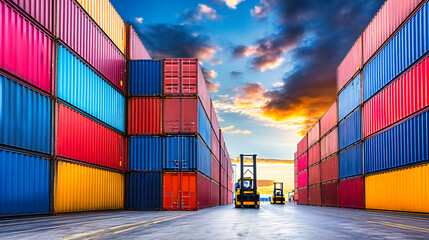 Fototapeta premium Industrial Harbor at Dusk, Cargo Containers and Cranes in a Busy Shipping Port