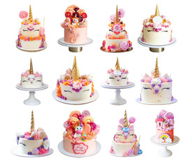 Set of beautiful birthday unicorn cakes with golden horns, eyelashes and cream cheese frosting isolated on white background, png