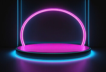 Neon-Lit Round Stage on Dark Background - Fashion Catwalk with Blue Glow - LED Laser Design for Stage Show