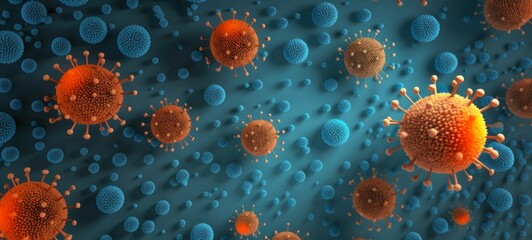 Virology medicine science background banner illustration - Orange blue corona virus, covid, flu outbreak, microscopic view of influenza virus cells, lots of abstract 3d viruses texture - obrazy, fototapety, plakaty