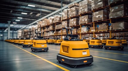 Autonomous robots moving shelves with cardboard boxes in automated warehouse - obrazy, fototapety, plakaty