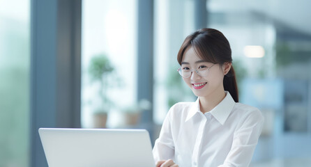A smiling businesswoman works diligently on her laptop in the comfort of her home office, seamlessly blending work and happiness. Generative AI.