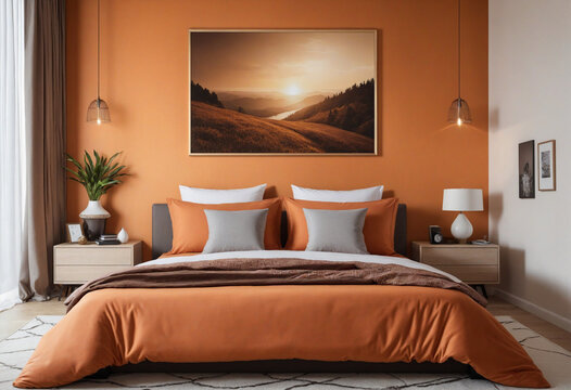 Orange and brown bedding on the bed in the chic design of the room. © SR07XC3
