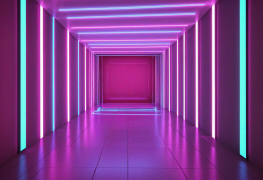 Neon light abstract background. Square tunnel or corridor neon glowing lights. Laser lines and LED technology create glow. Cyber club neon light stage room. Data transfer. Fast network.