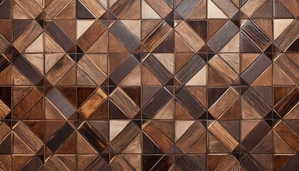 A dreamy and elegant mosaic tile wall texture in brown wooden glazed glossy deco glamour, featuring a mesmerizing arrangement of geometric shapes, creating a luxurious and stylish wood background.