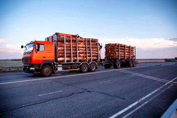 A red truck with logs transports round timber along the highway in the evening. Logging business,...