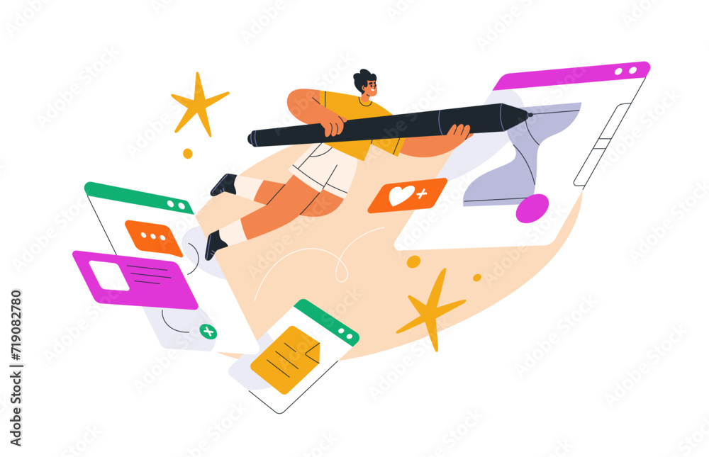 Poster Creative designer creating digital content. Work process in UI, web interface design. Creativity and online marketing communication concept. Flat vector illustration isolated on white background
