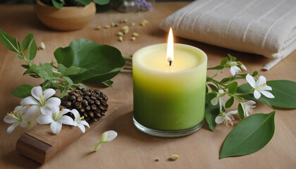 Obraz na płótnie Canvas Organic herbal aromatherapy candle for relaxation and nature's beauty