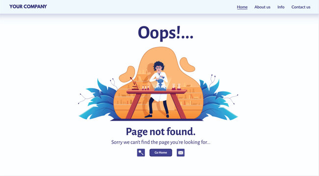 Scientist woman experimenting with chemicals, laboratory accident image. Female lab technician spills liquids resulting in animated error message.
