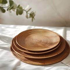 Fototapeta na wymiar Travel table for lunch or dinner, tableware, wicker round placemat.