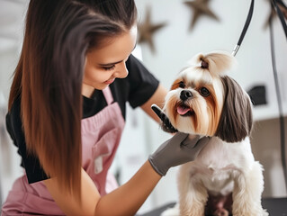 Female professional groomer trimming haircut dog at pet spa grooming salon