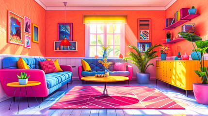 Cozy Home Interior with Modern Furniture, Stylish Apartment Living Room in Cartoon Illustration