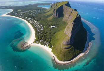 Le Morne Mountain, Mauritius, Africa, as seen from above. 