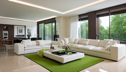 Fototapeta premium Contemporary living space with cozy couch, vibrant green rug, stylish furnishings created with advanced technology
