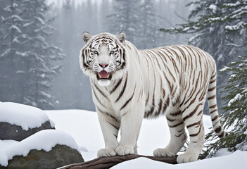 Fototapeta premium Snowy landscape with a white tiger