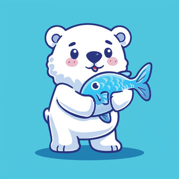 Cute Polar Bear Holding Big Fish