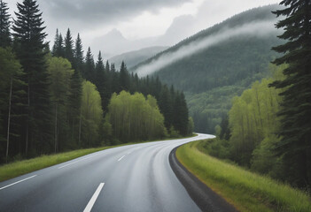 A misty mountain road through a damp forest on a spring day.