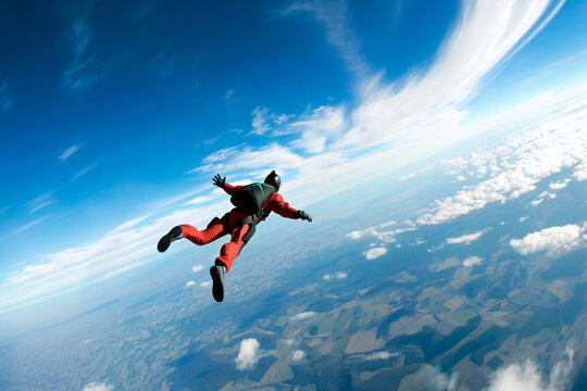 A skydiver soars in circling at high altitude in the sky