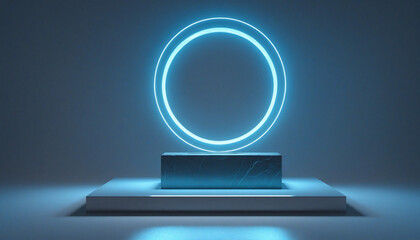 Blue neon ring and cobblestone rock on mirrored background. Podium showcase for product display in futuristic wallpaper.
