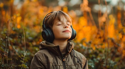 little boy wearing head phone and listening music at natural environment. music, nature and mental...