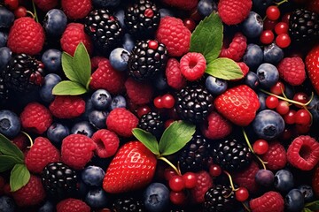 Fresh berries mix background. Ripe blackberries, blueberries, raspberries and red ribes.