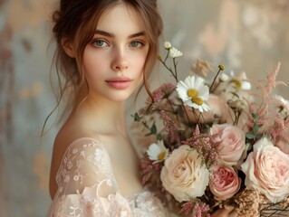 Naklejka premium a beautiful girl holding a fresh flower bouquet in her hand. world women's day. woman and nature, pure of woman, woman's beauty concept
