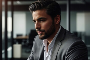 Fototapeta premium Handsome young businessman thinking. Blurred modern office background .