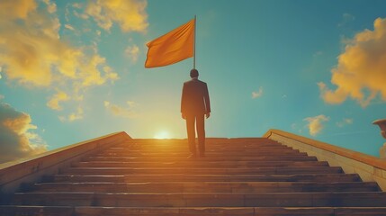 business man climbing a stair case to get a flag. business goal concept, successful path of business, business goal achievement