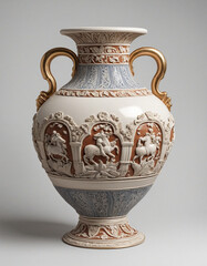 Exquisite vintage porcelain vase with antique stone design, photorealistic illustrations on a white backdrop.