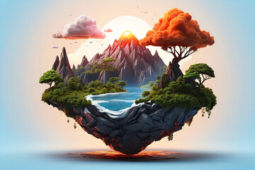 3d floating island with volcano