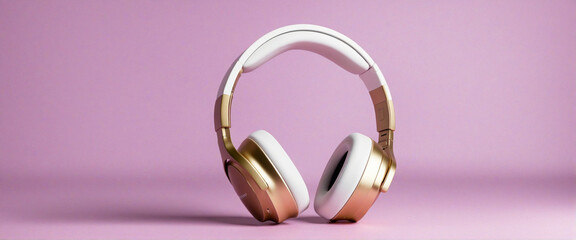 Chic Wireless Over-Ear Headphones in Gold and White with Pink and Purple Neon Background Banner