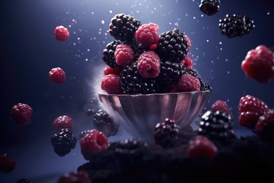 Fresh Juicy Berries Raspberry, Blackberry In A Glass Bowl On Blue Dark Background