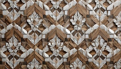 A mesmerizing 3D wallpaper that mimics the appearance of a decorative mosaic, featuring intricate white and brown details complemented by wood decor elements, creating a harmonious and sophisticated v