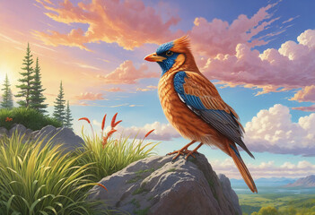 Colorful gamebirds sitting on rugged rocks in serene outdoor scenery under a majestic sky with fluffy clouds