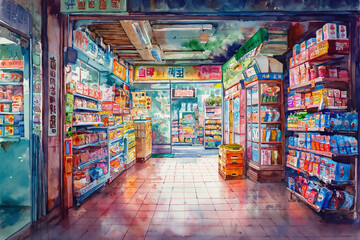 Fototapeta premium Market towns display festive decorations on the roofs and walls. It combines historic architecture with holiday charm. There are food stalls, shops and a warm city atmosphere.