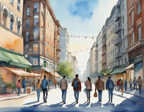City street scene with pedestrians in watercolor