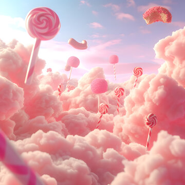  3d pink cloud with lollipop, strawberries, candy, fantasy, dreamland, surreal