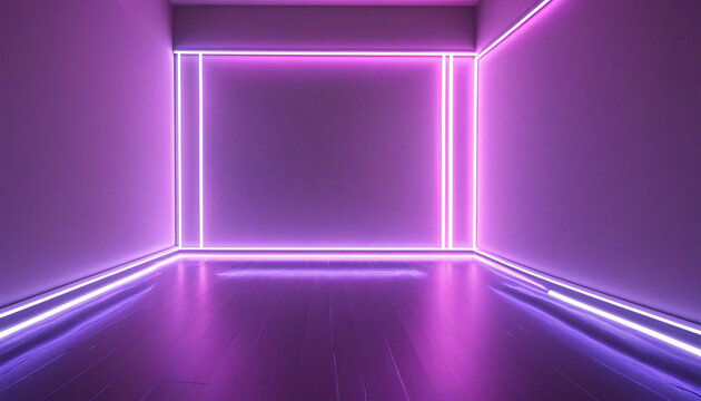 3d render, abstract neon background with glowing lines, empty room with floor reflections