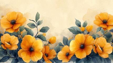 Yellow floral background. Watercolor simple flowers.
