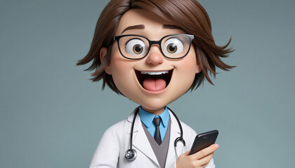 Cute cartoon doctor with white coat and glasses holding a smartphone with blank screen....