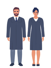 Judges characters. Woman and man legal consultants, court workers. Judge male and female in black robes. Vector illustration.