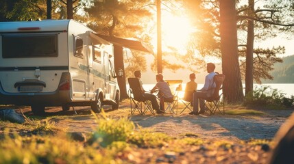 Happy family camping with camp car - obrazy, fototapety, plakaty