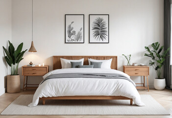 Minimalist Bedroom with Scandinavian-Bohemian Decor and Mockup Frame