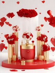 3D White and Red Roses Valentine Podium display with gold cylinder podium gift boxes on a white background, showcasing products for promotional sales and presentations. Generative AI.
