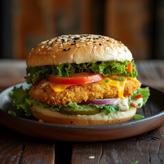 Freshly made steak hamburger with delicious fries, fastfood, restaurant, menu, chips