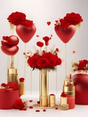 3D White and Red Roses Valentine Podium display with gold cylinder podium gift boxes on a white background, showcasing products for promotional sales and presentations. Generative AI.
