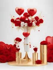 Fototapeta na wymiar 3D White and Red Roses Valentine Podium display with gold cylinder podium gift boxes on a white background, showcasing products for promotional sales and presentations. Generative AI. 