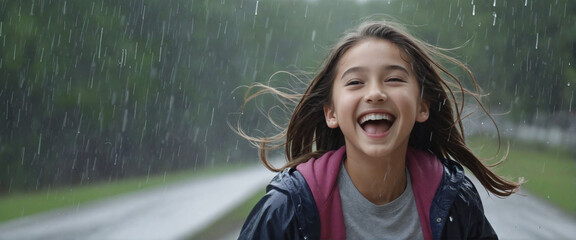 Joyful girl with a smile, running with her hair flying, innocence shining through her beautiful face, under the raindrops