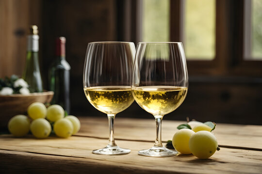 Concept photo shoot of two glass of white wine with fruits